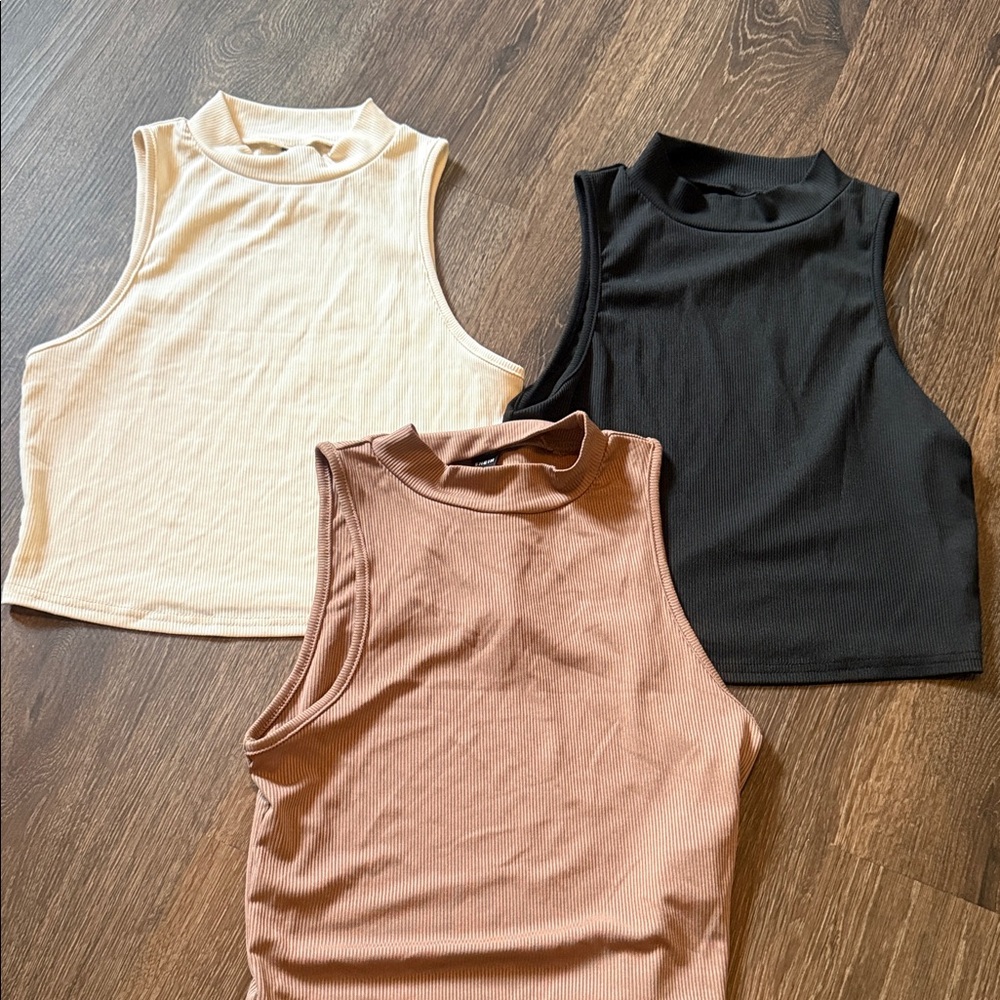 SHEIN Ribbed Sleeveless Mock Neck Crop Top Trio - Black, Cream, Brown